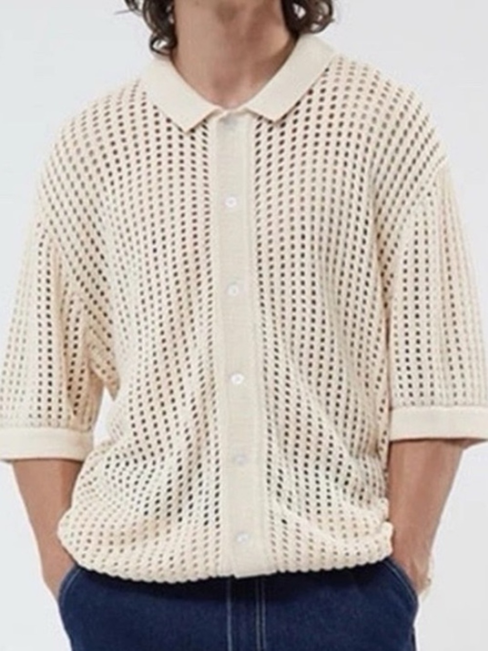 PacSun Cream Open-Knit Button-Up Polo Cardigan